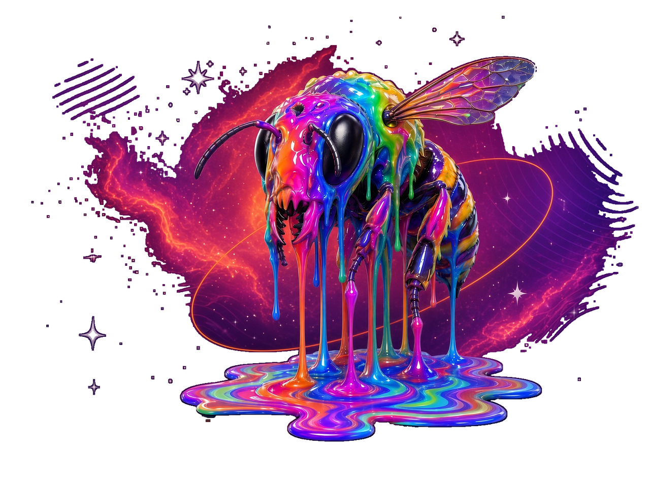 A liquid-colour bee, translucent wings, an iridescent puddle on a starry violet ground