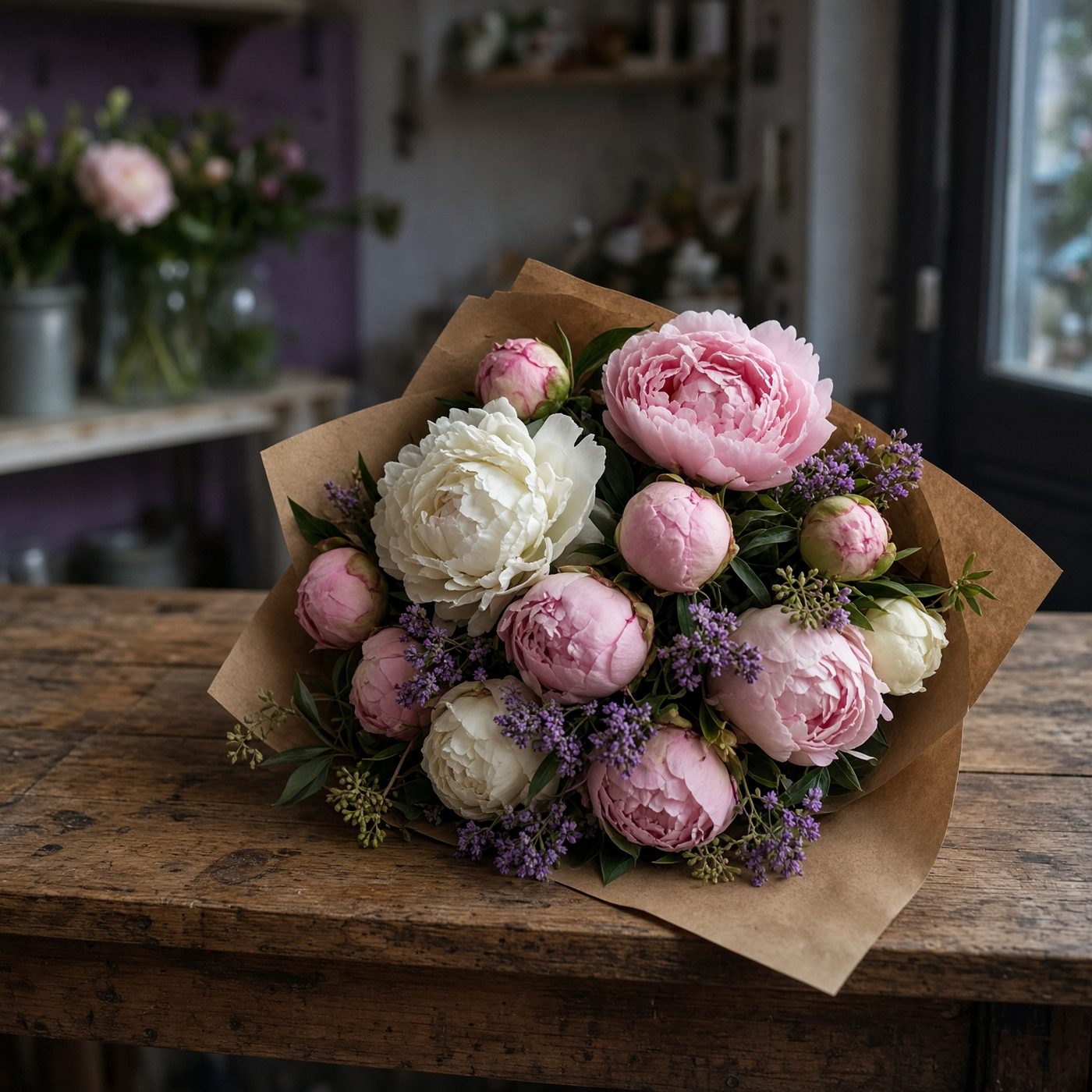 A seasonal bouquet on a wooden counter