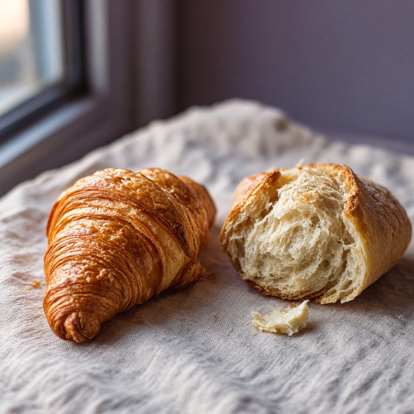Croissant and bread on linen, in the morning