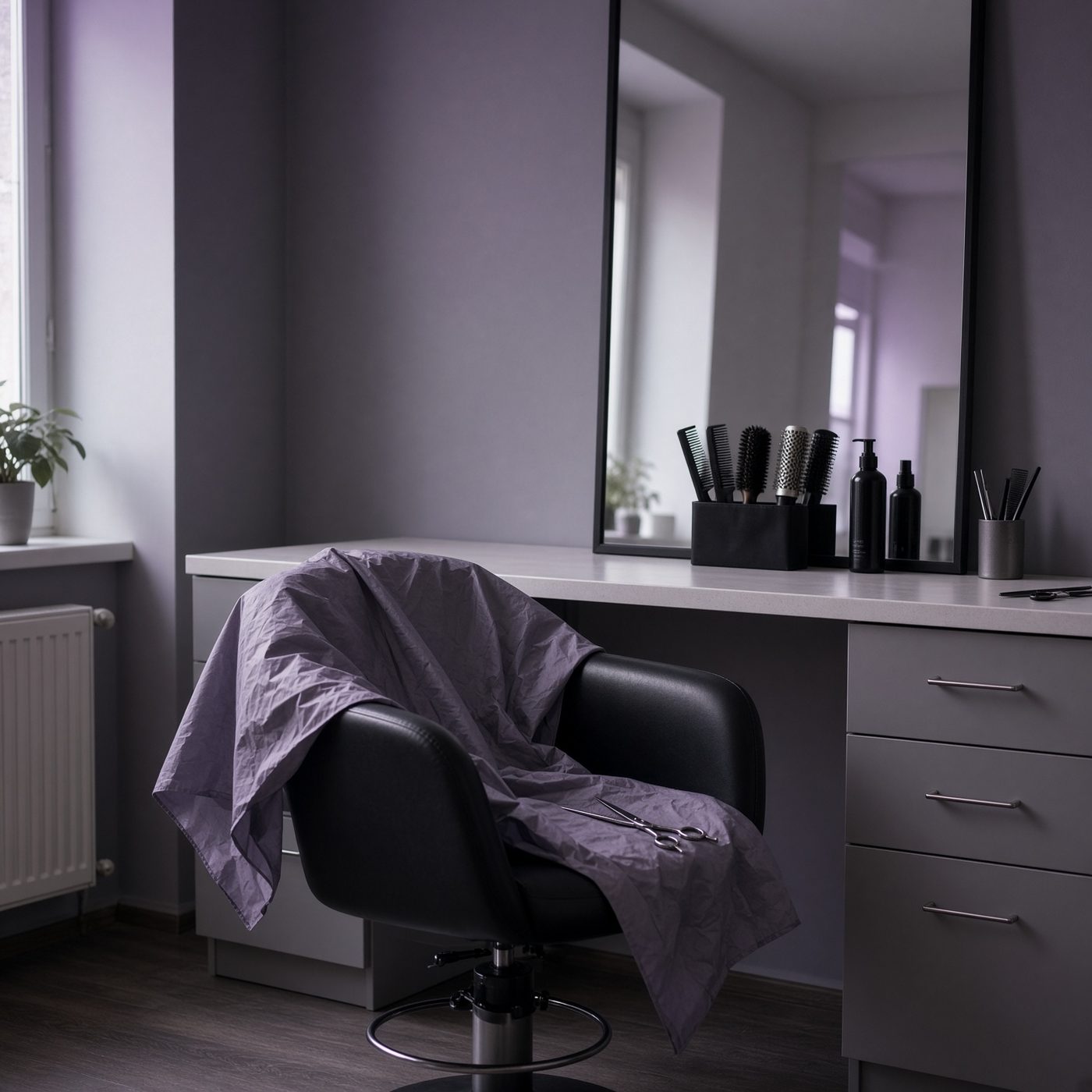 A hair station, cape and scissors, no face