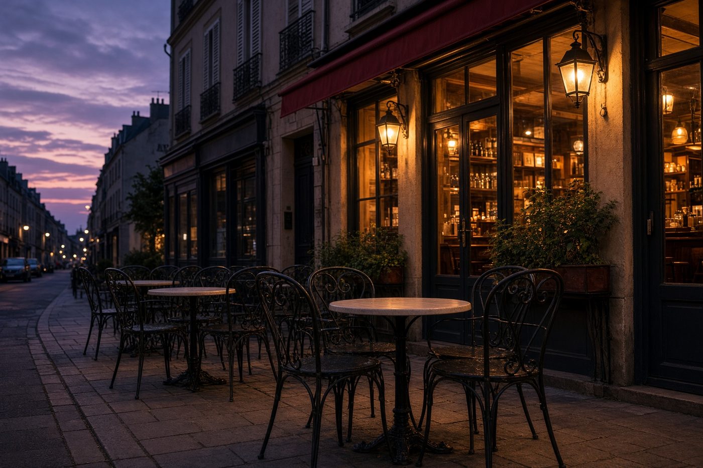 A bistro terrace at dusk, empty chairs and warm light